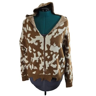 Willow & Root Buckle Knit Sweater Hooded Animal Print Frayed Hem Size XS - Image 1 of 4