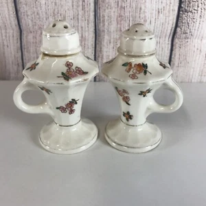 Vintage Porcelain Gold  Trim Salt & Pepper Shakers Flower Leaf  Made Japan* Flaw - Picture 1 of 7