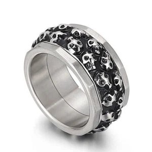 Men's 12MM Big Skull Head Spinning Band Stainless Steel Skeleton Biker Punk Ring - Picture 1 of 2