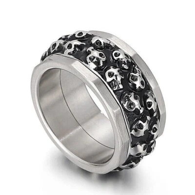 Men's 12MM Big Skull Head Spinning Band Stainless Steel Skeleton Biker Punk Ring - Image 1 of 2
