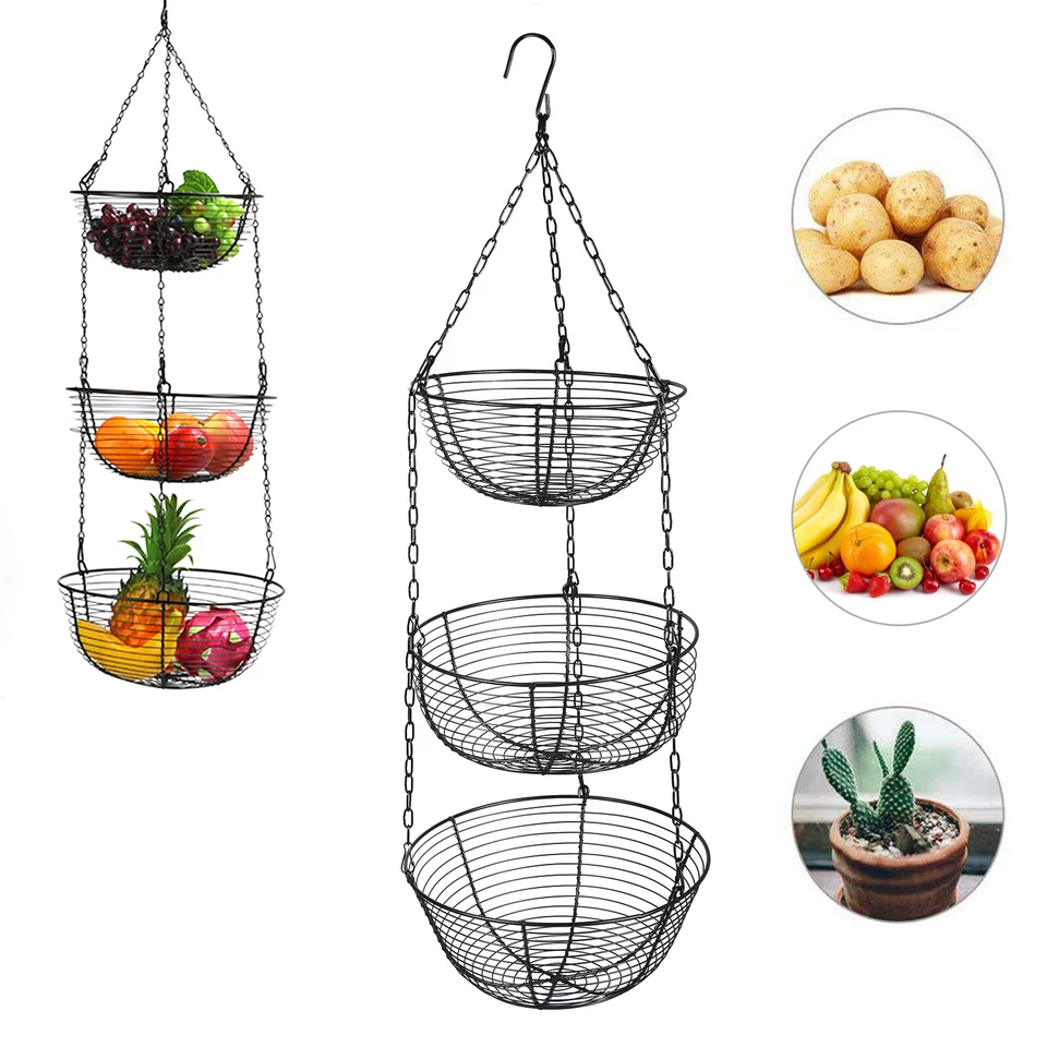 3-Etage Hängekorb Obstkorb zum Aufhängen Gemüsekorb Küchenampel Eisen Körbe 84cm - Bild 1 von 4