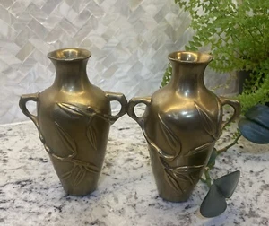Rare Vintage Pair 2 Chinese Solid Brass Bronze Vases Hand Made Bamboo Design - Picture 1 of 7