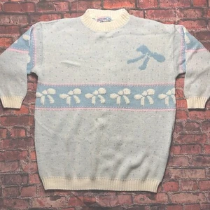 Vintage Delivery Ltd Pastel Blue Pink Acrylic Knit Sweater Bows Fairy Kei 80s 90 - Picture 1 of 9