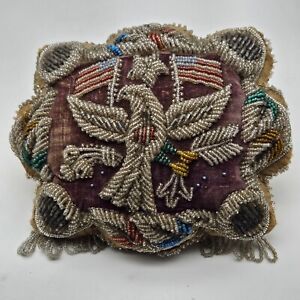 Antique Iroquois Large 10" NATIVE AMERICAN BEADED PIN CUSHION W US Flags, Eagle