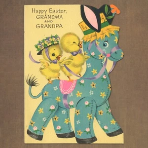 Unused Vintage 1950s Rust Craft EASTER Card FOR GRANDPARENTS, Baby Chicks Horse - Picture 1 of 6