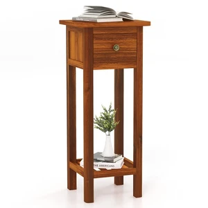 Solid Wood Side Table w/ Acacia Wood Top Drawer & Open Shelf Small Nightstand - Picture 1 of 10