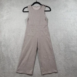 Zara Jumpsuit Girls 9 Brown White Plaid Sleeveless Wide Leg Pockets 134cm Turkey - Picture 1 of 7