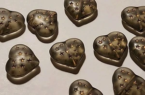 Czech Pressed Glass Heart Beads 14 Beads Gray w/ Gold Washed Stars 14mm x 12mm - Picture 1 of 4