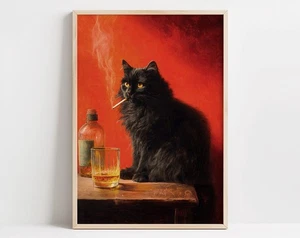 Schwarze Katze Rauchen Poster | Vintage lustiges Tier Wandbild | schrullige Wohndeko - Bild 1 von 5