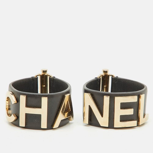 Set 2 bracciali Chanel logo pelle nera tono oro