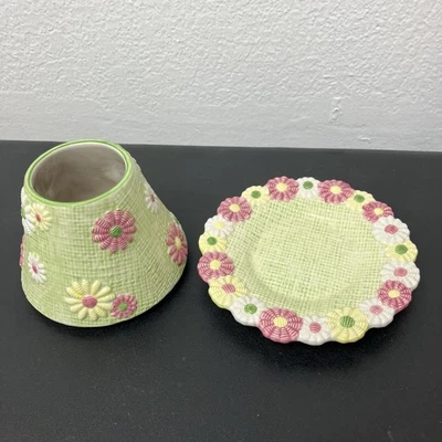 Yankee Candle Illuma-Juego de sombras y bandejas tapa verde rosa margarita floral cerámica Foto 1 de 4