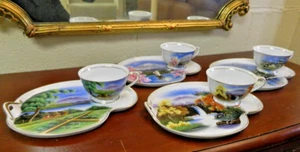 Vintage  Snack Set Plate & Cup, Hand Painted Landscape Art Lilly - Japan - 8 Pc - Picture 1 of 10