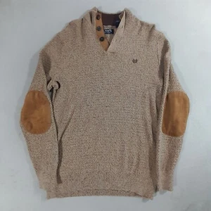 Chaps Sweater Mens M Brown Elbow Pads Henley Chunky Knit Logo - Picture 1 of 11