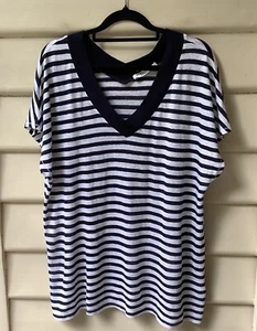 SPORTSCRAFT Top 100% Linen Blue White K 14 Stripe V-Neck Nautical Dolman As New - Picture 1 of 8