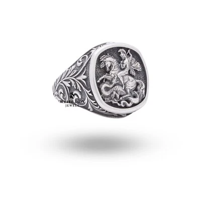 St George of Lydaa Greek Army Mythology Protector Catholic Ring 925 Silver Gift - Imagem 1 de 4