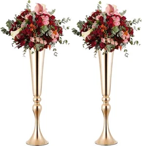 2 Pcs 22" Tall Gold Vases Metal Flower Arrangement Stand, Versatile Centerpieces - Picture 1 of 8