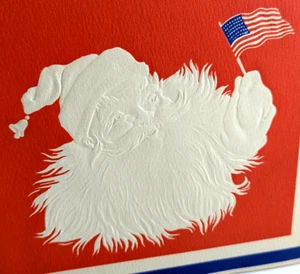 Patriotic WWII Christmas Greeting Card Santa Claus With American Flag Embossed - Picture 1 of 5