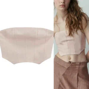 NWT Zara Woman LEATHER BUSTIER CROP TOP M Oyster White Sexy Club Festival Corset - Picture 1 of 12