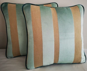 LAURA ASHLEY LUCCA STRIPE Pair of cushion covers 42cm x 42cm Teal velvet piped - Picture 1 of 4