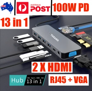 TUSARD USB C Hub to Dual HDMI VGA Triple Display Screen, RJ45, 13-in-1 Adapter - Picture 1 of 8