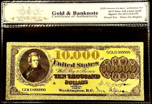 BILLETE DE ORO 24K DE LOS ESTADOS UNIDOS DE $10.000 DE 1878 EN FUNDA PROTECTORA CON CERTIFICADO DE AUTENTICIDAD - Imagen 1 de 5
