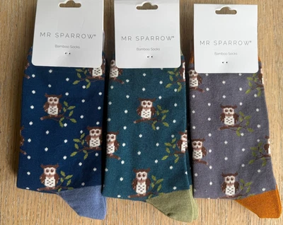 MR SPARROW Owl Socks 7-11 Men Boys Mens Owls Christmas Gift Blue Teal Grey New