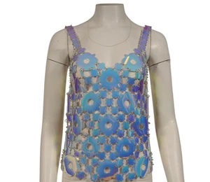 Paco Rabanne Women Daisy Chain Link Top FR 36 US Small Blue Iridiscent Chainmail - Picture 1 of 13