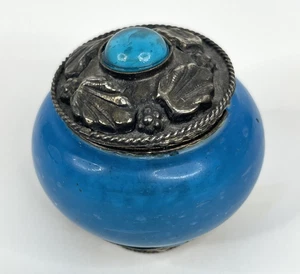 Ornate Blue Glass Silver Metal Trimmed Trinket Box Hinged Lid 1.75” Diameter - Picture 1 of 10