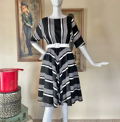 Vestido Camisa Lucy Vintage Años 80 New Wave Do Años 50 Rayas Blanco y Negro Cintura M Foto 1 de 4