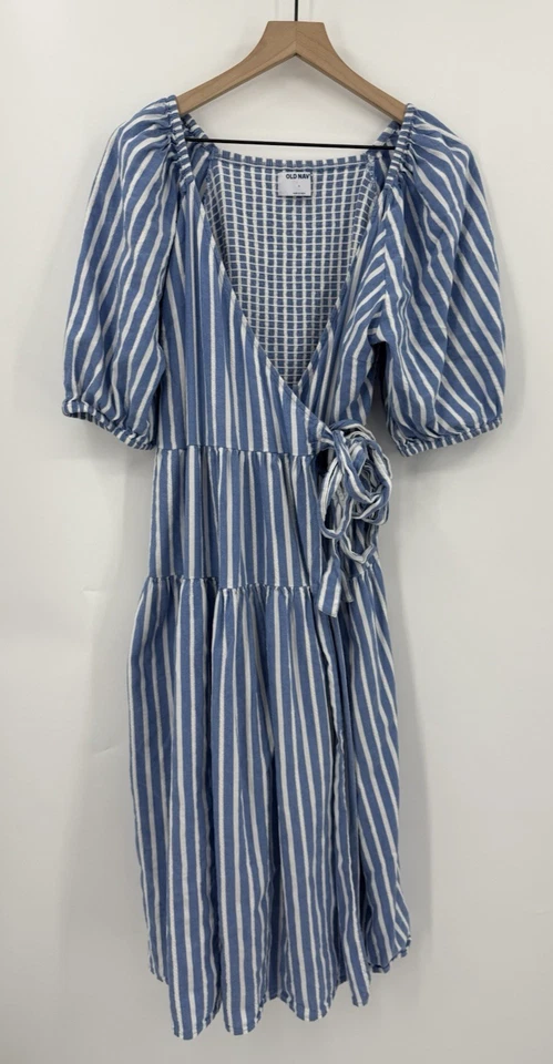 Старый темно-синий надежном платье женщин большой синий белый в полоску хлопок курорт опрятный - Изображение 1 из 4