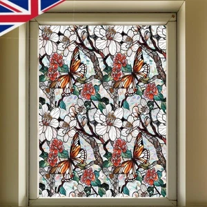 Flowers Window Privacy Film Static Cling Stained Glass Decals (Butterfly) - Picture 1 of 10
