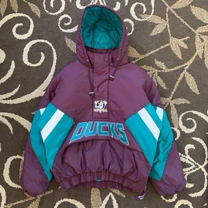 VTG 90s NHL MIGHTY DUCKS STARTER PUFFER JACKET HOODED PULLOVER SIZE S  - Picture 1 of 6