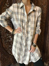 Boho Gypsy Hippy Summer Shirt Blouse , Oversized Casual Plaid Cotton Blouse L 