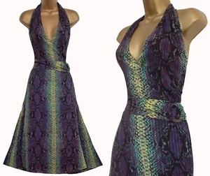 KAREN MILLEN ✩ STRIKING SNAKE PRINT HALTER FIT & FLARE PLEATED DRESS ✩ UK 14 - Picture 1 of 9