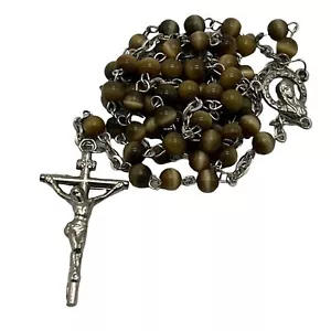 Vintage Brown Round Glass Bead Rosary INRI Silver Tone Crucifix 18.5" - Picture 1 of 4