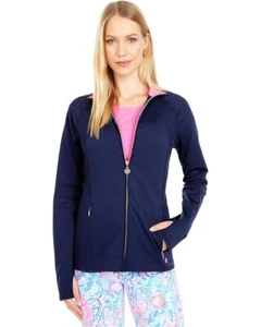 NWT Lilly Pulitzer Tennison Full Zip Jacket UPF 50 True Navy Pink Trim Size XXS - Picture 1 of 9