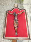 Antique XL french Wood carved corpus christ wall plaqu velvet rare
