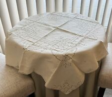 Vtg Tablecloth & 4 Matching Napkins 36” Sq Embroidered Cream Linen Art Deco READ