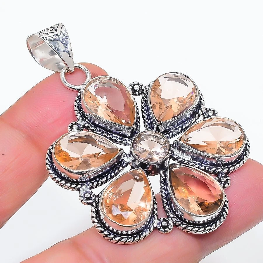 Peach Morganite Gemstone Handmade 925 Sterling Silver Jewelry Pendant Size 2.5" - Image 1 of 1