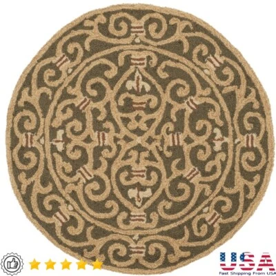 Wool Area Rug Indoor Round 3ft Hand Hooked Geometric Border Transitional Style - Image 1 of 4