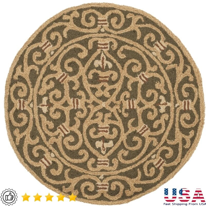 Wool Area Rug Indoor Round 3ft Hand Hooked Geometric Border Transitional Style - Image 1 of 4