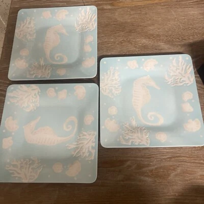 "Plato cuadrado Laurie Gates Gates Ware azul caballito de mar 11,5"" verano" Foto 1 de 4