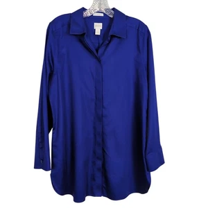 Top blusa Chico's taglia 1 taglia 8 viola blu camicia con bottoni manica lunga senza ferro - Foto 1 di 10