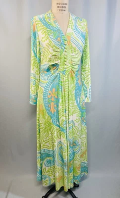Vintage Dress SIZE LARGE blue lime green RONA 60s 70s maxi psychedelic - Image 1 of 4