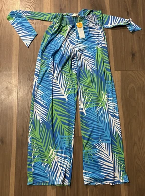 Mud Pie Beach to Bar Palm Leaf Flowy Tropical Pants with Elastic Tie Waist ~ NWT - Image 1 of 4