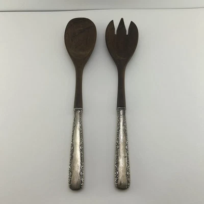 Juego de ensalada de 2 piezas de reemplazo de tazón de madera de plata esterlina clásico vintage Foto 1 de 4