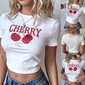 Casual For cherry print T shirt for women with round neck for simple style - Picture 1 of 77