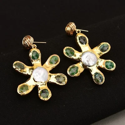 Natural Green African Turquoise White Coin Pearl Paved Flower Stud Earrings - Image 1 of 4