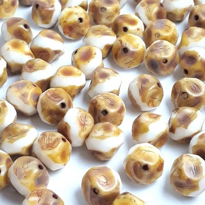 6pcs White & Brown Czech Glass Pinched Rondelle Beads 9x8mm - GB839 - Image 1 of 3