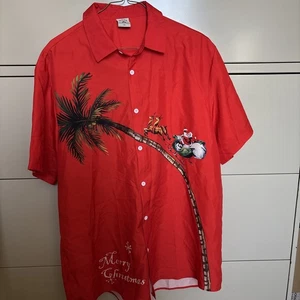 Santa Claus Sleigh & Palm Tree Christmas S/S Button Hawaiian Shirt Men XXL Red - Picture 1 of 13